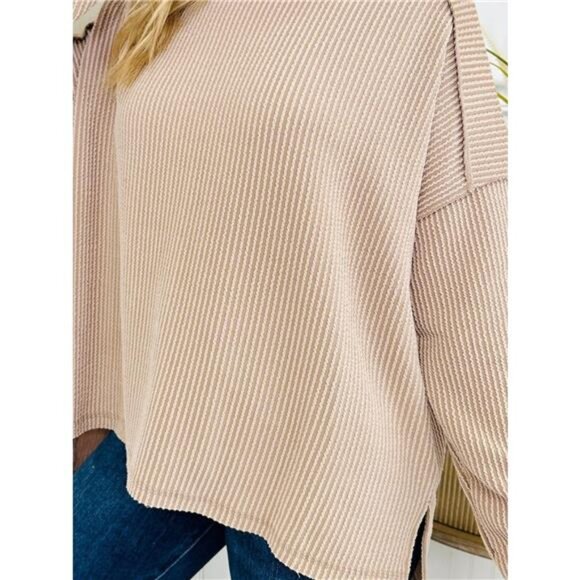 Twist Ribbed Exposed Seam Detail Long Sleeve Loose Top - Picture 7 of 7